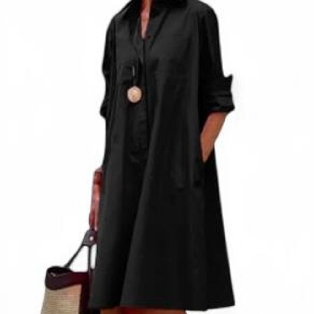 UOOZEE Women's Simple Long Sleeve Black Lapel Midi Dress